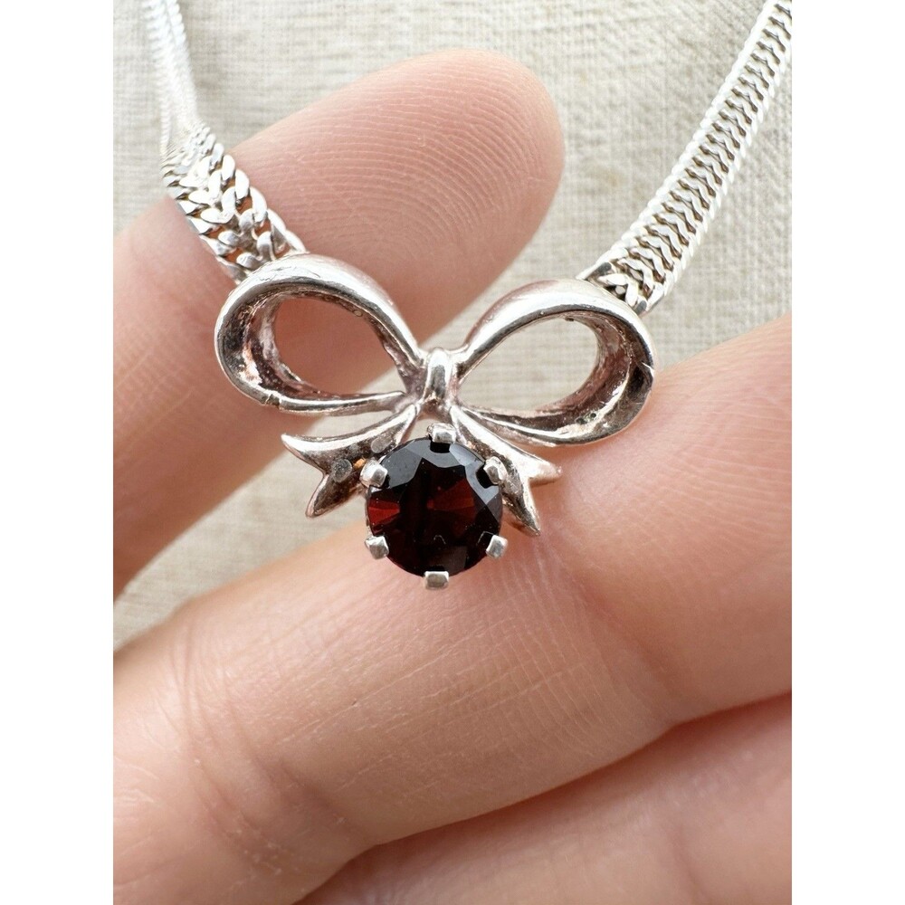925 Italy Sterling Silver Garnet Bow tie Necklace 18”